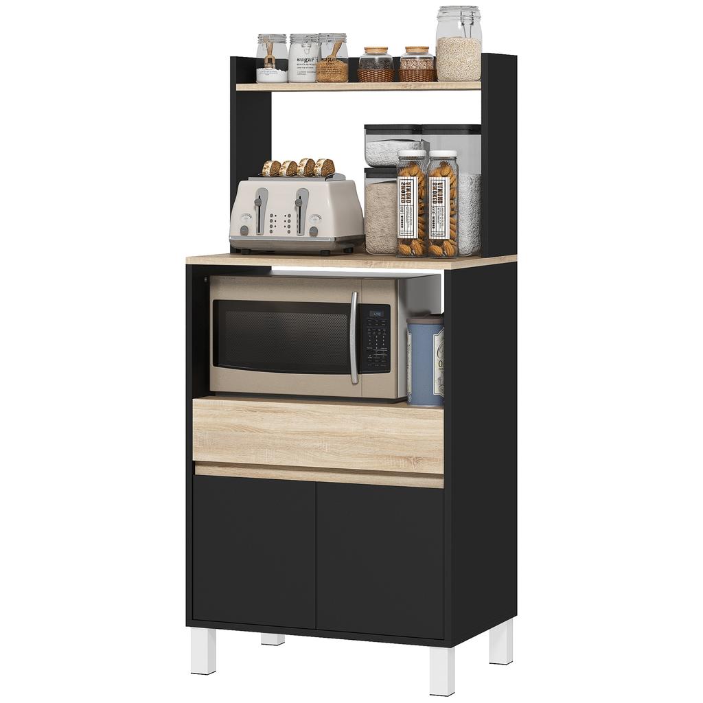 Microwave Furniture, Kitchen Buffet with Cupboard, Drawer, Top Shelf, 60 X 40 X 131 Cm, Oak and Black