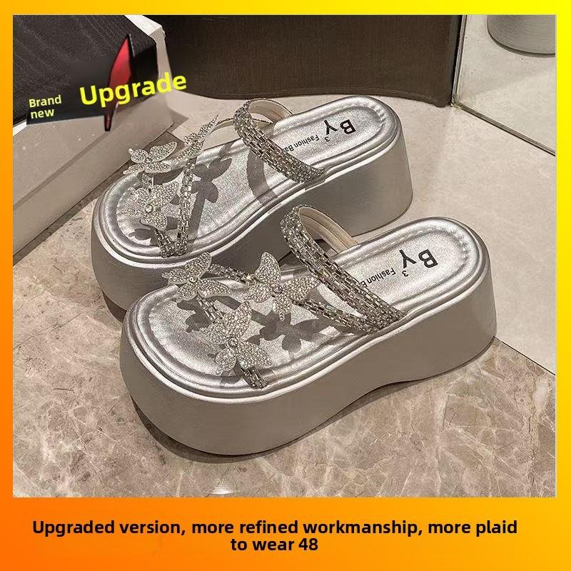 Fashion French Style Platform Slide Sandals With Rhinestones For Women