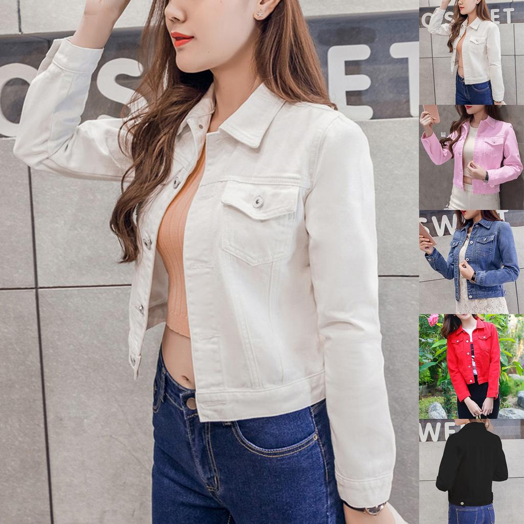 Mote kvinner Ensfarget dongerijakke Jakkeknapp Uformelle dongeriklær