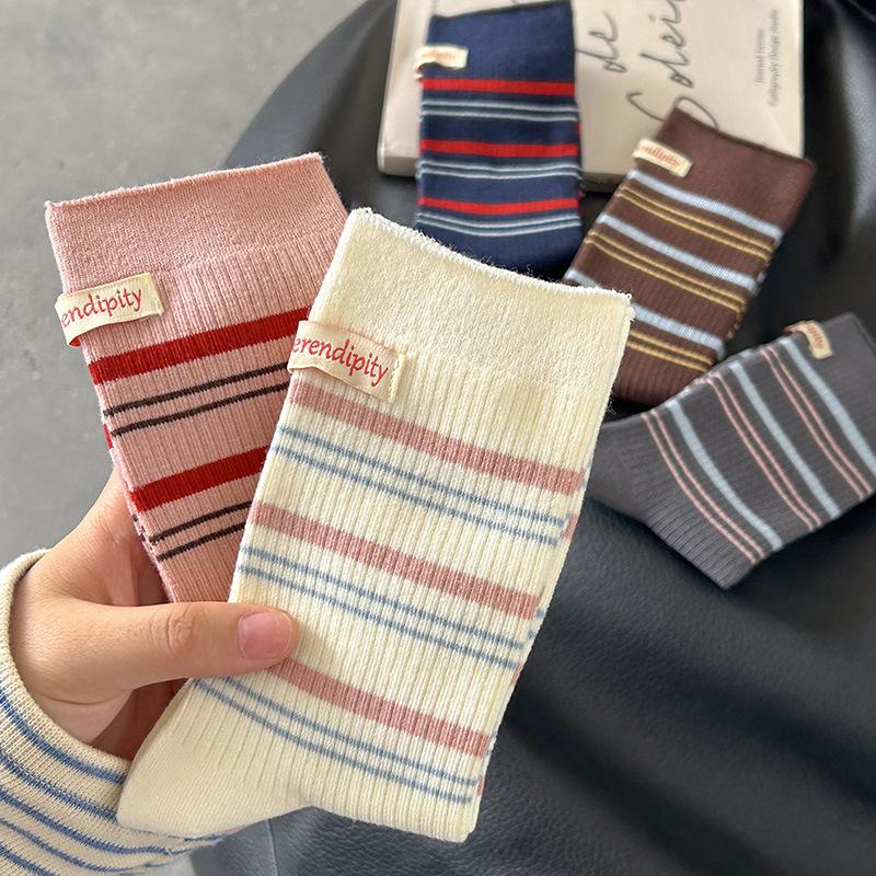 Striped Socks Women Color Matching Cloth Label Medium Tube Socks Japanese JK School Students Knitted Cotton Elastic Long Socks
