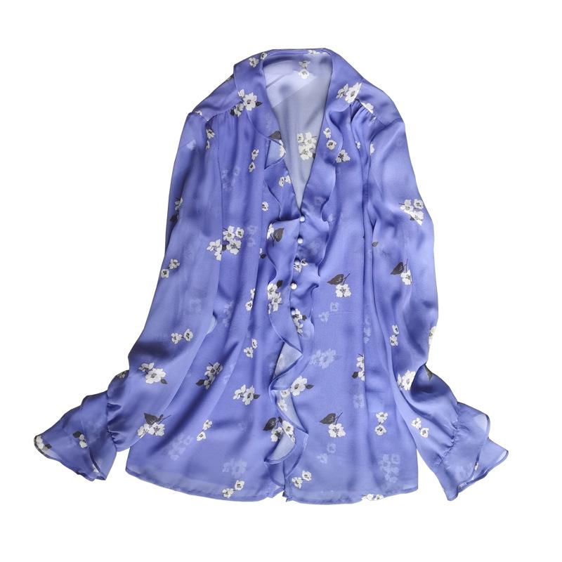 Damen Maulbeerseide V-Ausschnitt Bluse - Französisch Lila, Rüschen, Geknöpft, Doppellagig