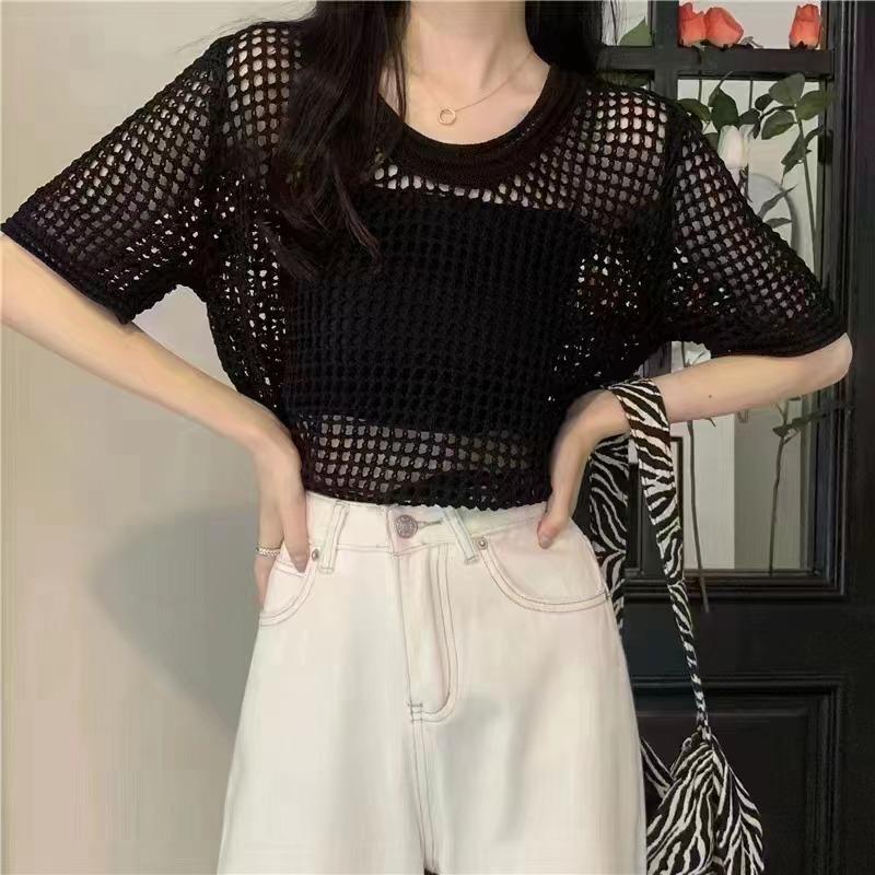 Women Short Sleeved Knit T-shirt Casual Beach Slim Tops O-Neck Hollow Out Knitting Shirt For Women Summer