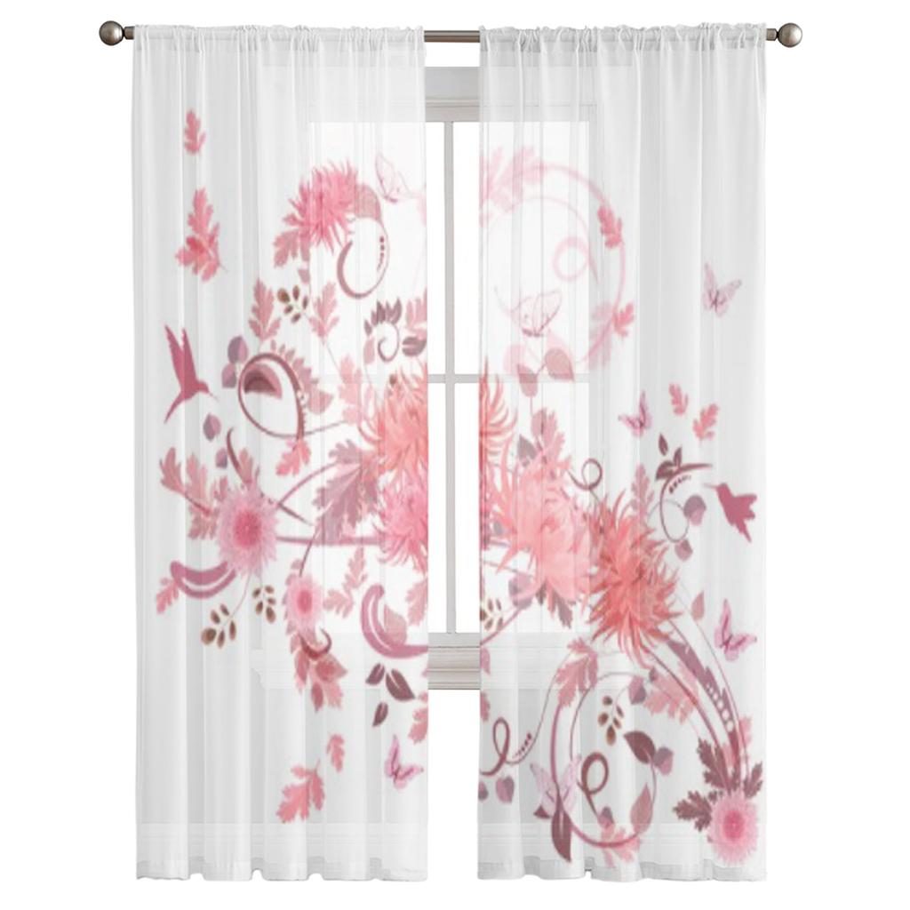Pink Swirl Flowers Tulle Curtains for Living Room Bedroom Window Sheer Curtains Kitchen Balcony Voile Curtains