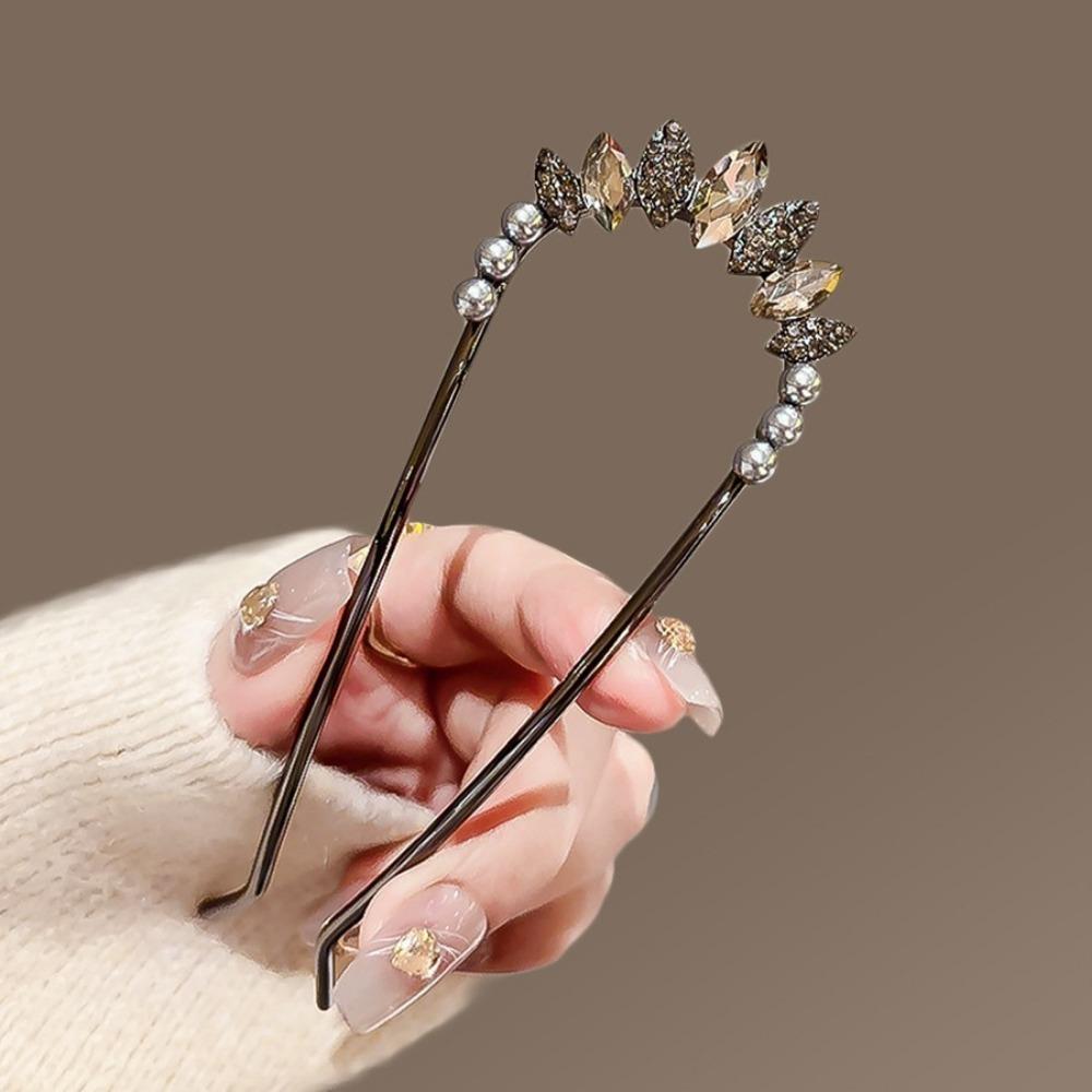 

1pc High-end Metal Crystal Leaf U-shaped Hairpin Women Simple Black Color Rhinestone Hair Clasp Bun Hair Sticks Hair Accessories