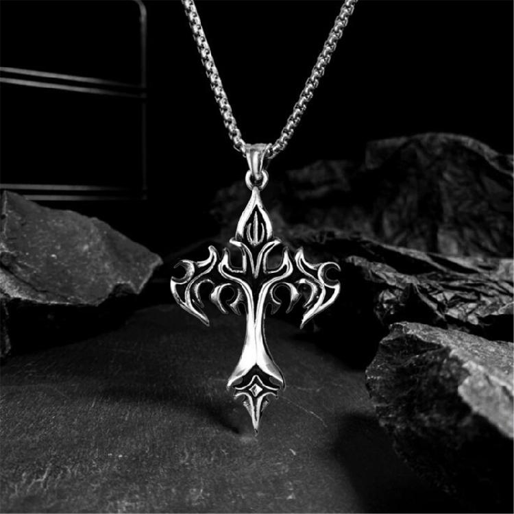 Men's Titaniums Steel Necklace Retro Flame Crucifix Charm Pendant Clavicle Chain Handmade Music Festival Jewelry