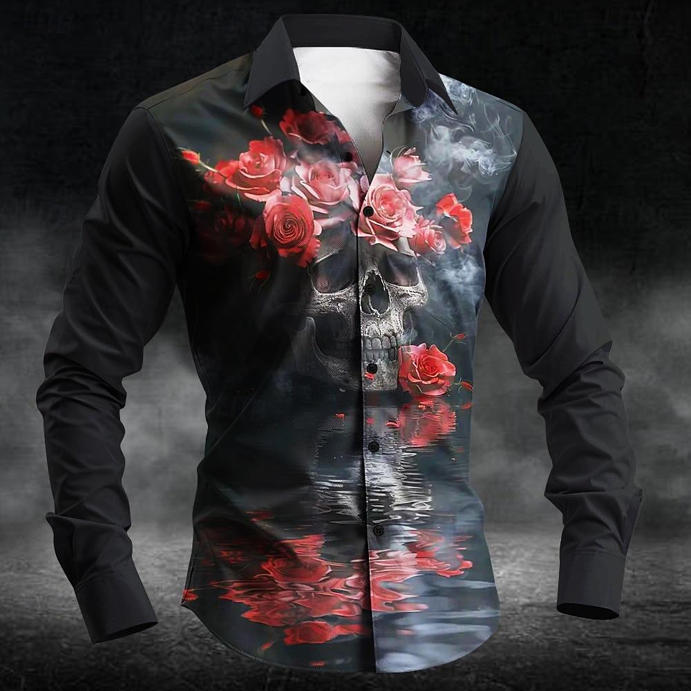 Halloween Herren Buchstabendruck Blutflecken Hemd Button-Up Hemd Langarm Dunkel Punk Gothic Stil Streetwear