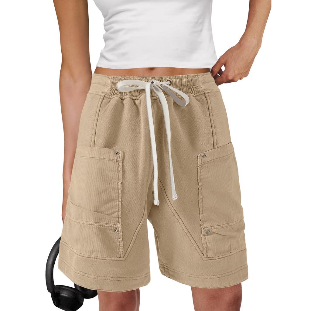 Women's Lightweight Elastic Waistband Cargo Shorts Knee Length Multi Pocket Utility Shorts with Drawstring Adjustable Fit
