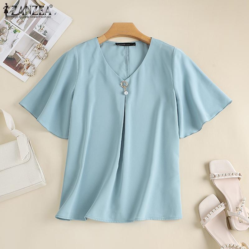 ZANZEA Blusa Casual de Verano para Mujer con Cuello en V y Manga Corta