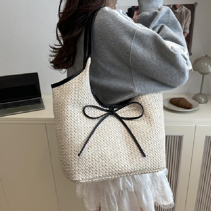 Fashion Color Blocked Bow Decoration Women Casual Woven Tote Bag For Daily Use
