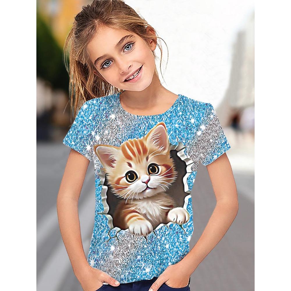 T-Shirt for Girls Cute Kitten Girls Clothes Kids 3d Print Summer Short Sleeve Children Outdoor Sports Tops for Girls