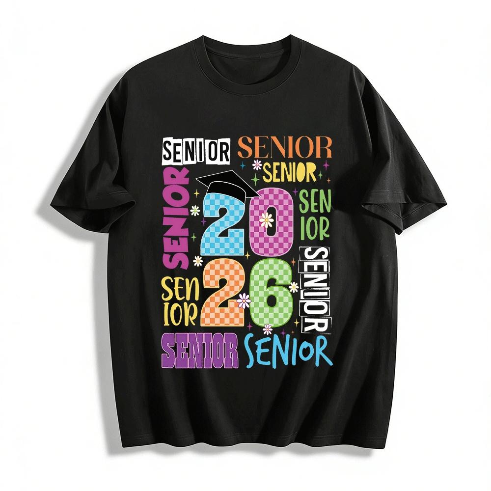 Retro 2026 Senior Graduation Checkered Print Casual Short Sleeve Top Pure cotton T-shirt XXS