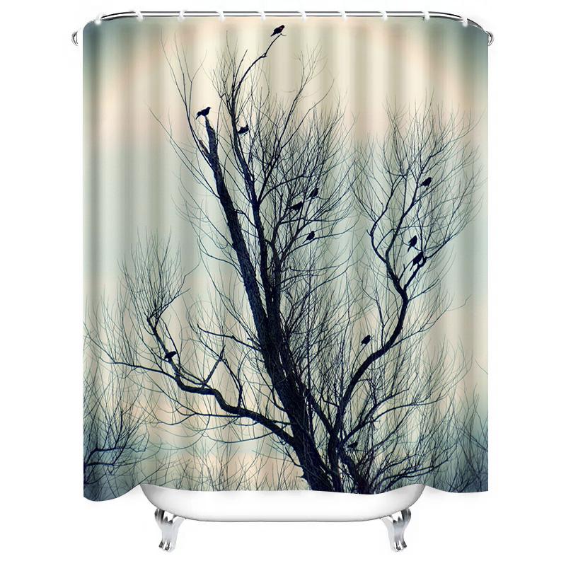 Tuniu Black Bare Tree Silhouette Dark Forest Birds Twilight Grey Shower Curtain Home Decor Wall Art