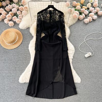 Vestido de encaje de alta calidad Royal Sister Young Sle Perspectiva sexy Manga larga Patchwork Slim fit Gasa de longitud media