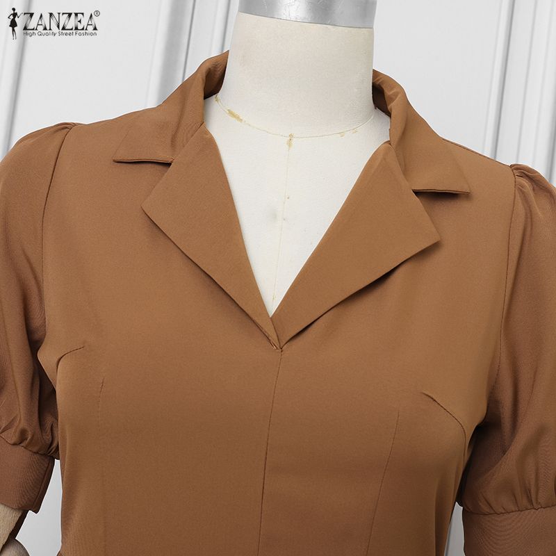 ZANZEA Women Elegant Turn Down Collar Casual Short Sleeve Pleated Dress