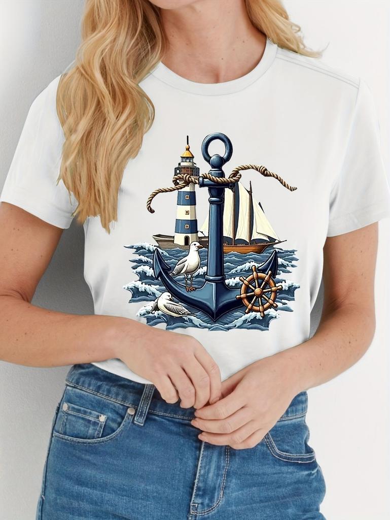 Elegant Women Summer Casual Short-Sleeved Tops Seaside Anchor Graphic Print Daily Outdoor Wear Round Neck Tees Women's Clothing