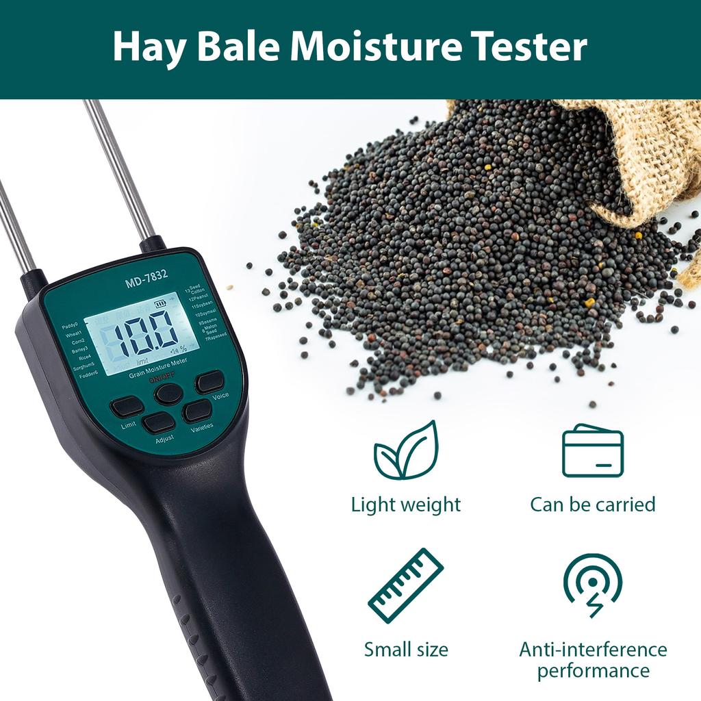 Hay Moisture Meter Hay Bale Moisture Tester Dual-rod Sensor LCD Backlit Display Voice Broadcast