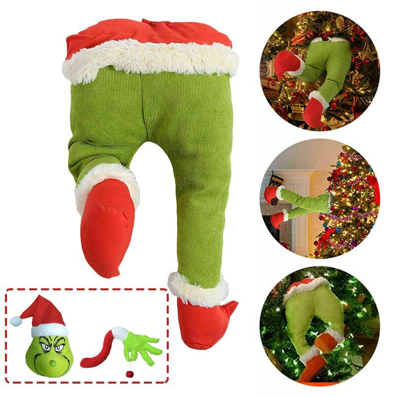 Charming Grinch Christmas Decorations Furry Green Leg And Head Tree Ornament Set
