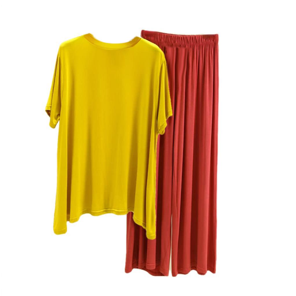 Women's Loose Casual Round Neck Short Sleeved T-shirt Long Pants Set Solid Color Pajamas