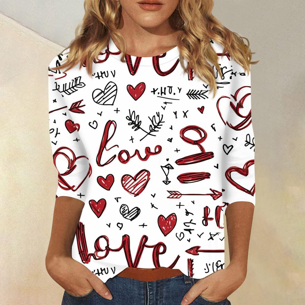 Women's Fashionable Casual Three,quarter Sleeve Heart,shaped Printed Round,neck Top