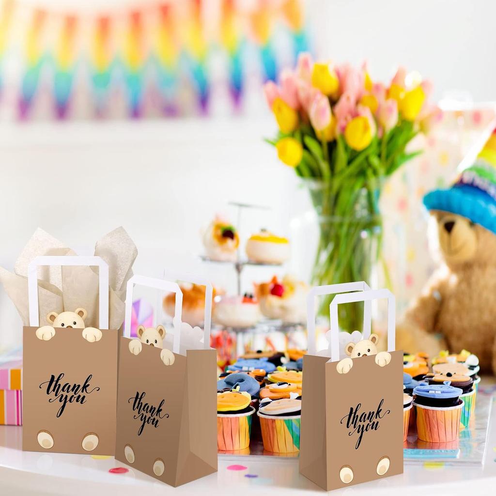 Eersida 16 Pcs Teddy Bear Thank You Gift Bags with Tissue Handles Baby Shower Bear Birthday Decorations Thank You Paper Bags Brown Candy Treat