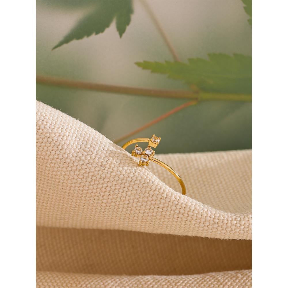 Yhpup Delicate Bling Cubic Zirconia Flower Thin Adjustable Golden Ring Waterproof Stainless Steel Chic Korean Jewelry Gift