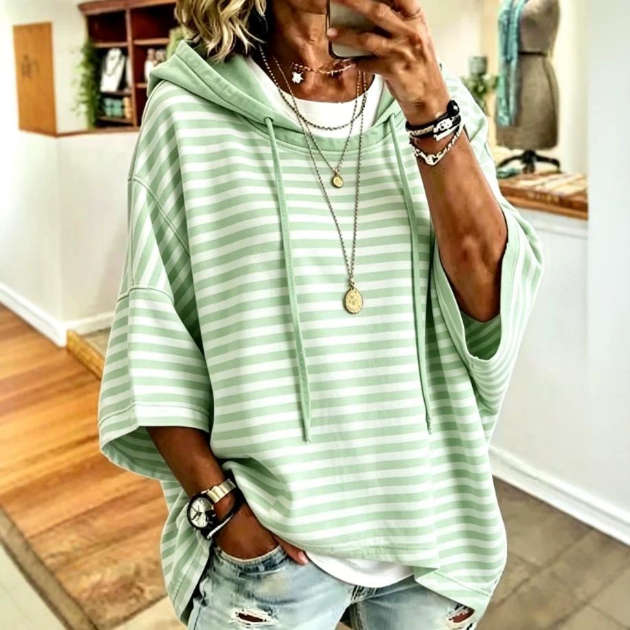 Women Striped Hooded Short Sleeve Oversized T Shirt Casual Loose Color Block Tee