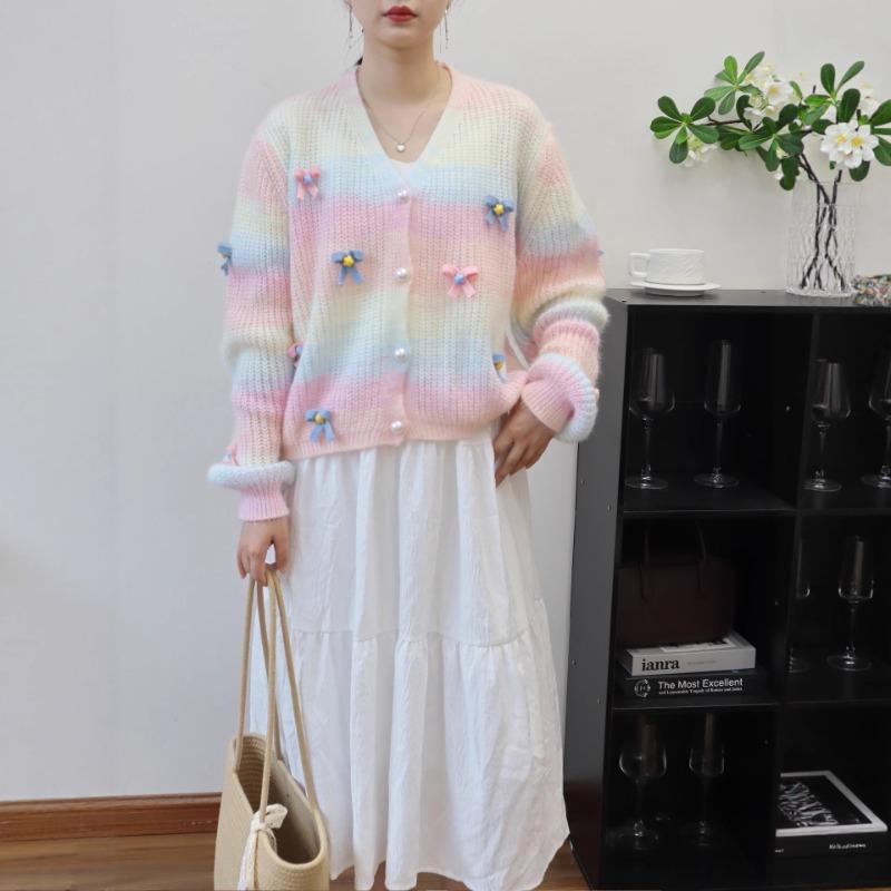 Rainbow sweater jacket autumn and winter new loose short bow sweet wind knitted cardigan women