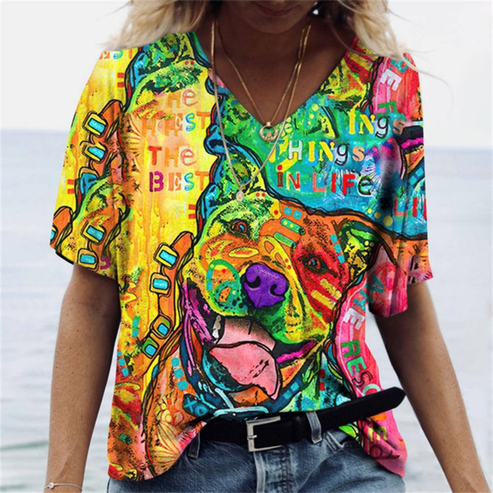 Summer V-neck 3D Printed Vintage Colorful Cat Funny Pattern Top Fashionable Casual Short Sleeved Women's T-shirts