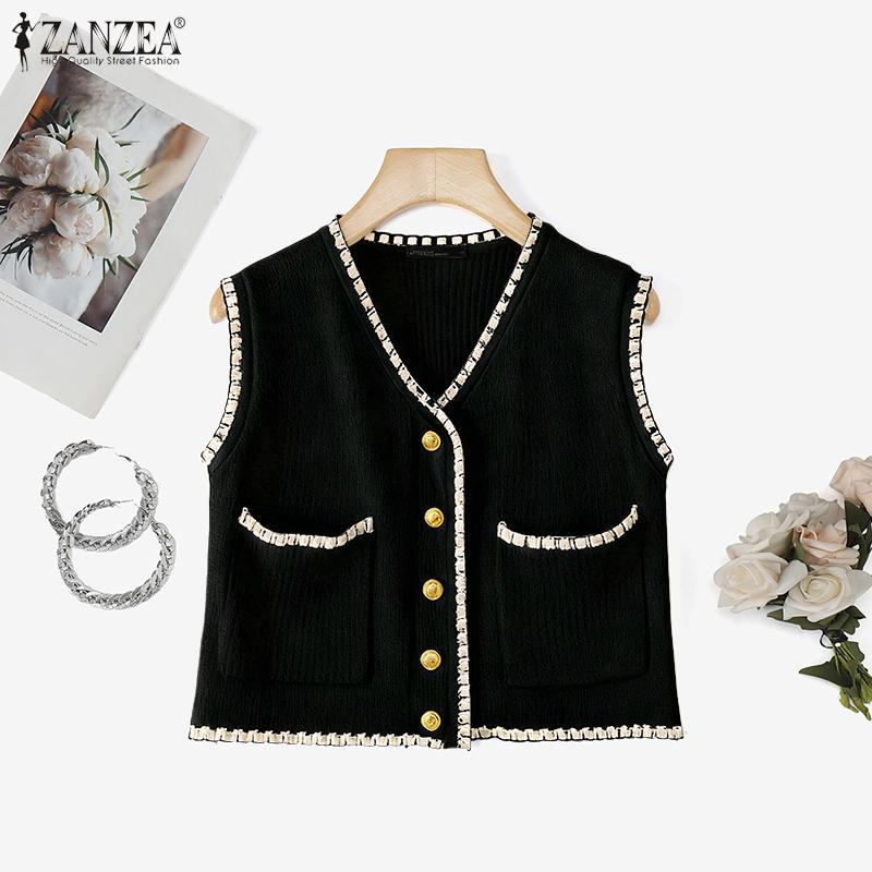 

ZANZEA Женский укороченный жилет с V-образным вырезом, без рукавов, с пуговицами и текстурой One Size чёрный
