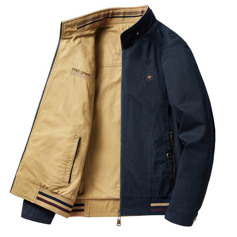 Men's Double-Sided Pure Cotton Jacket - Stand Collar, Loose Fit, Business Casual for Spring and Autumn.