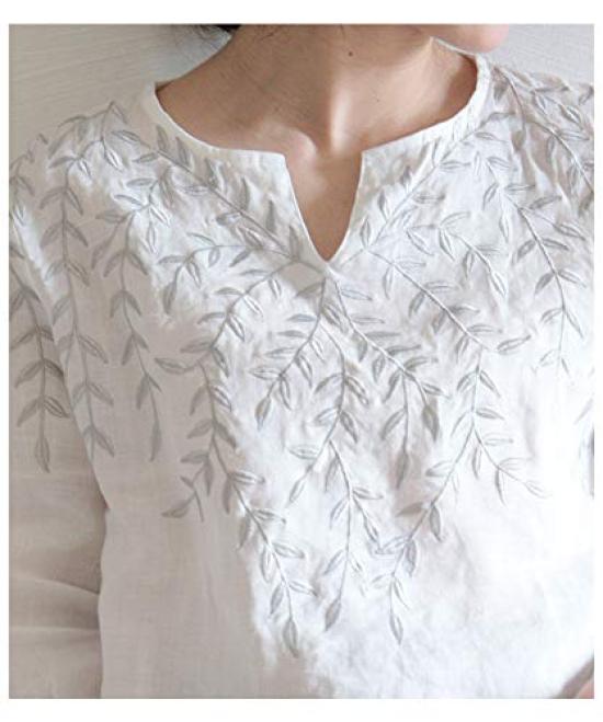 Sawa la mode Botanical Leaf Embroidered Linen White á Top, Women's, mode-6296 F,