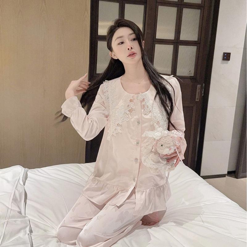 1011 lace cute princess style pajamas women's spring and autumn foreign style fashion can be worn outside loungewear two-piece set