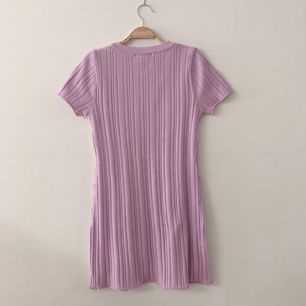 Korean Chic Ribbed Ice Silk Slim Fit Bodycon Knit Dress - Women's Short Sleeve, Round Neck