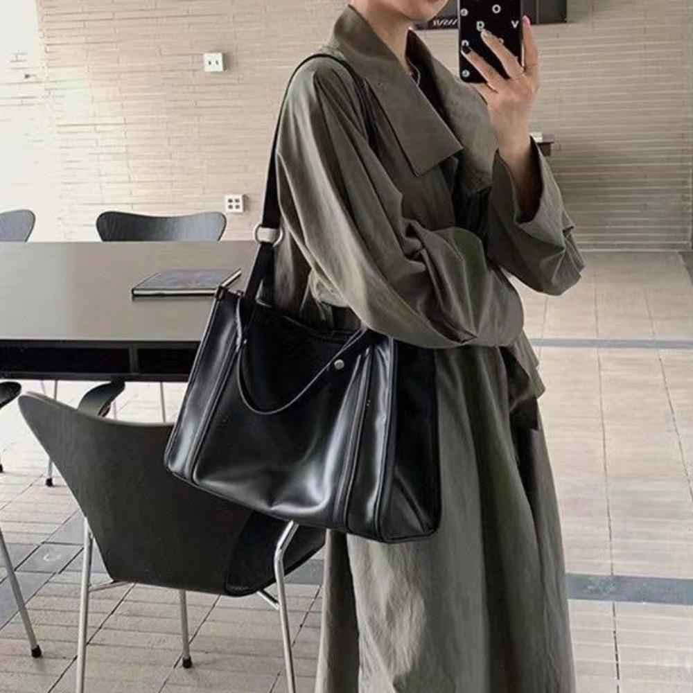 Large Capacity PU Leather Shoulder Bag College Student Large Handbag Black Tote Bag  Girls Gift