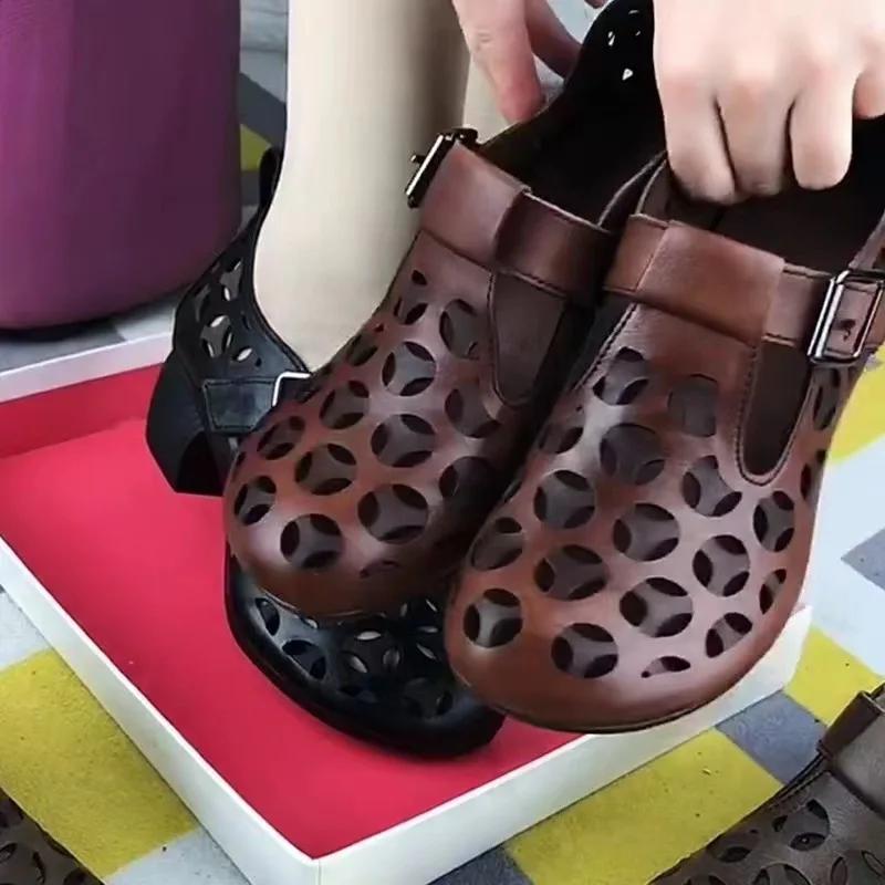 NEW Hollow Women Pump Fishnet Mesh Sandals 2026 Summer Handmade Retro Female Shoes Square Toe Sandals Women Heels Hsigh Sandals