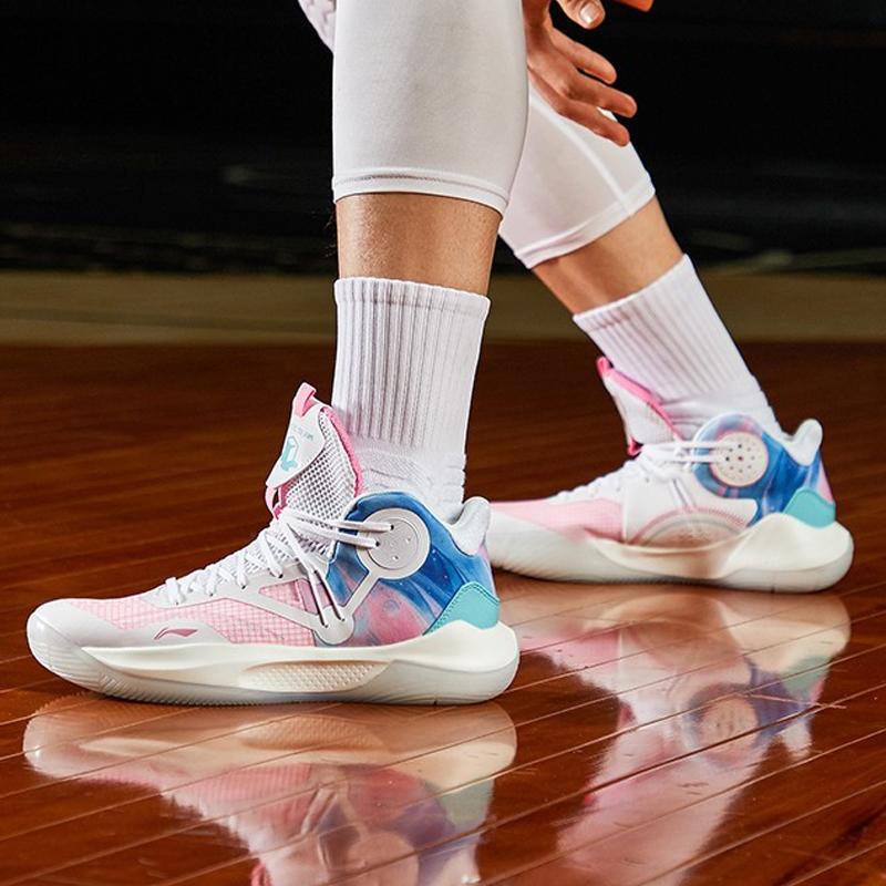 New LINING Sonic 9 IX Team Mid Men's On Court Basketball Shoes   White/Pink/Blue ABAS107-1