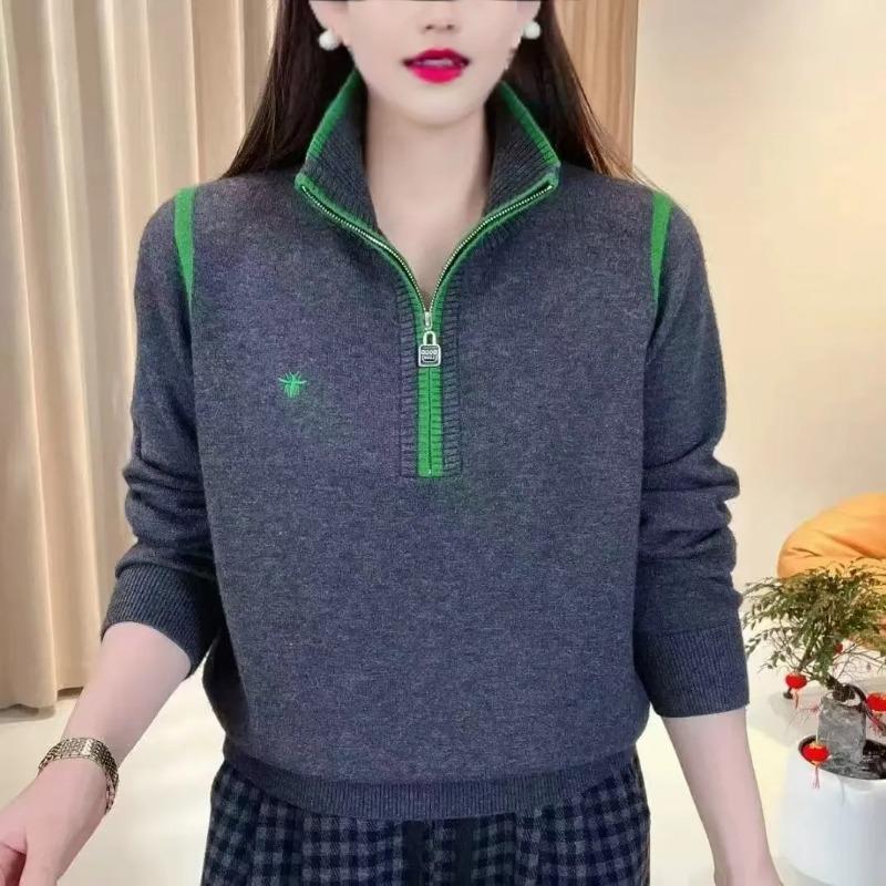 Half Zipper Stand-up Collar Women's Spring and Autumn New Medium Mother Embroidered Knitted Sweater with Bottom Clothes