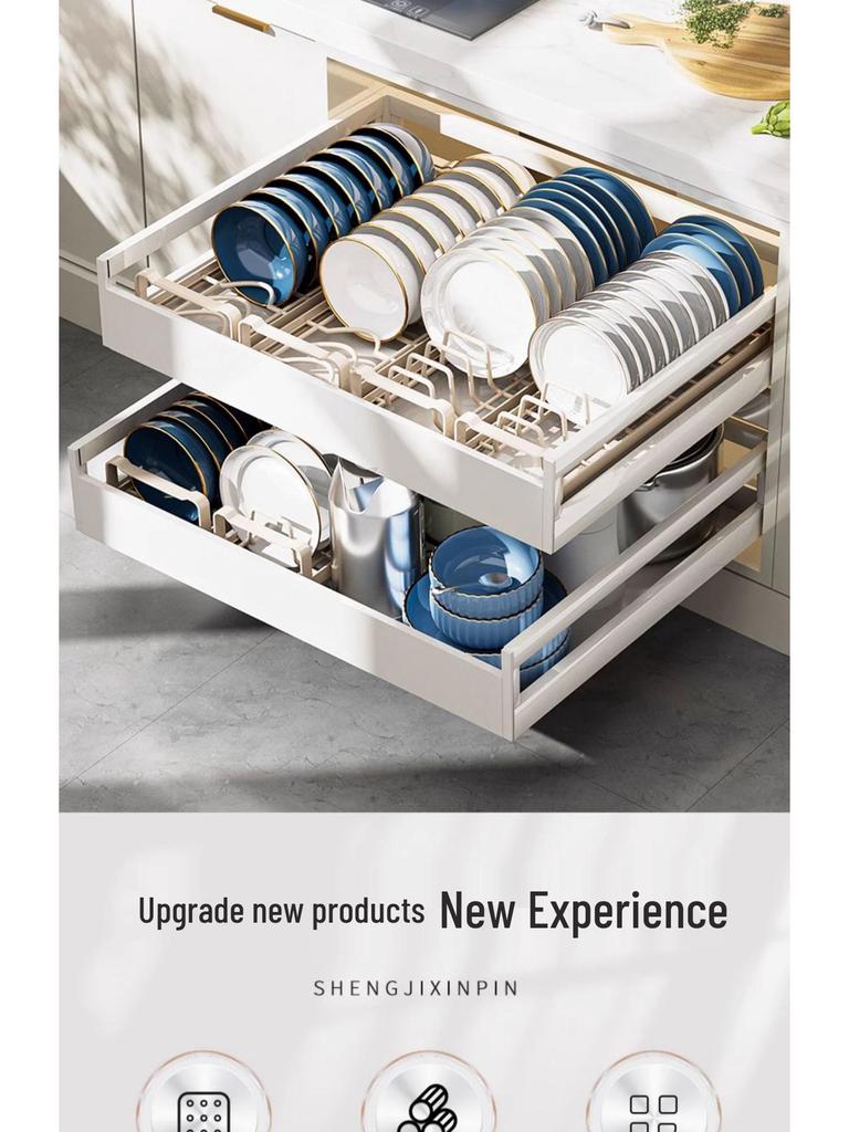 Ausziehbarer Schubladenorganisator aus Edelstahl mit Schüssel- und Tellergestell für Küchenschränke