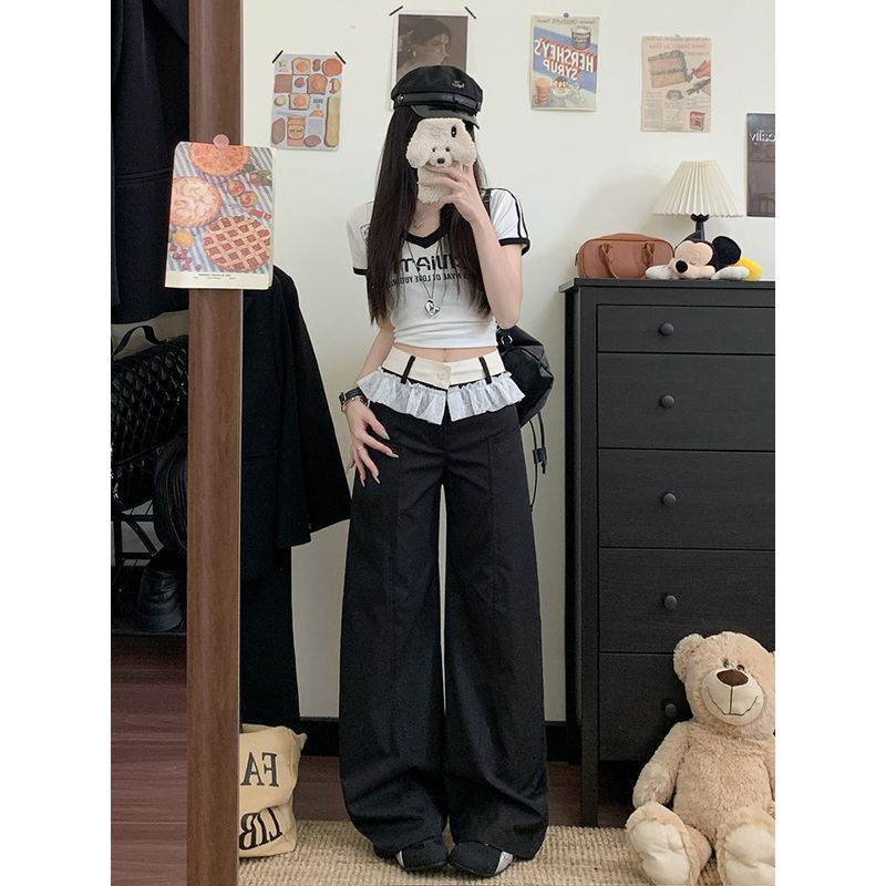 

Kumikumi Niche Style Lace Patchwork Casual Pants Loose Pants Women s Clothing Fall High Waist Baggy Straight Trousers Mop Pants Black XL