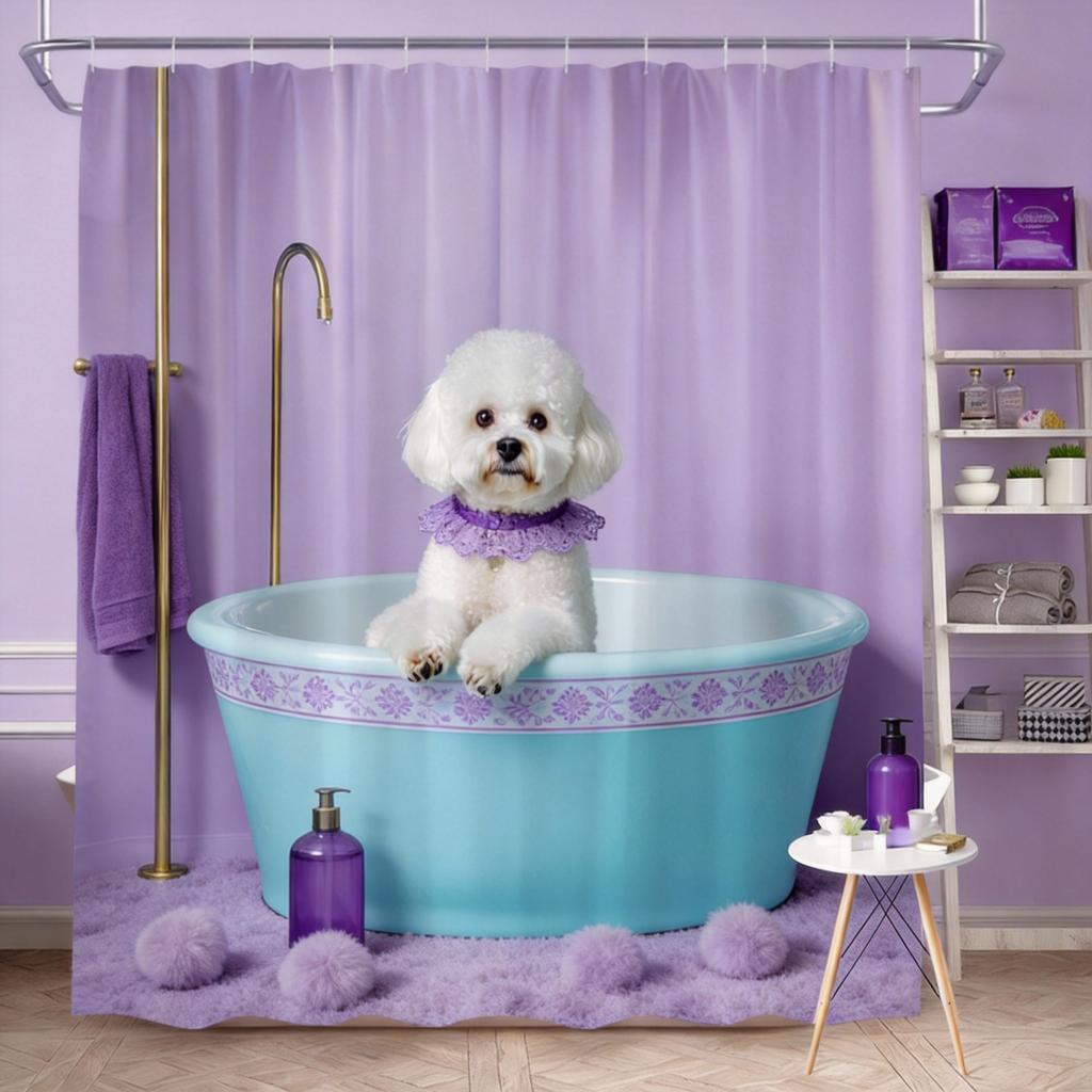 Poodle Shower Curtain 180x180cm – Fluffy Dog In Pastel Blue Bathtub, Mosaic Tile Bathroom Decor, 12 Hooks
