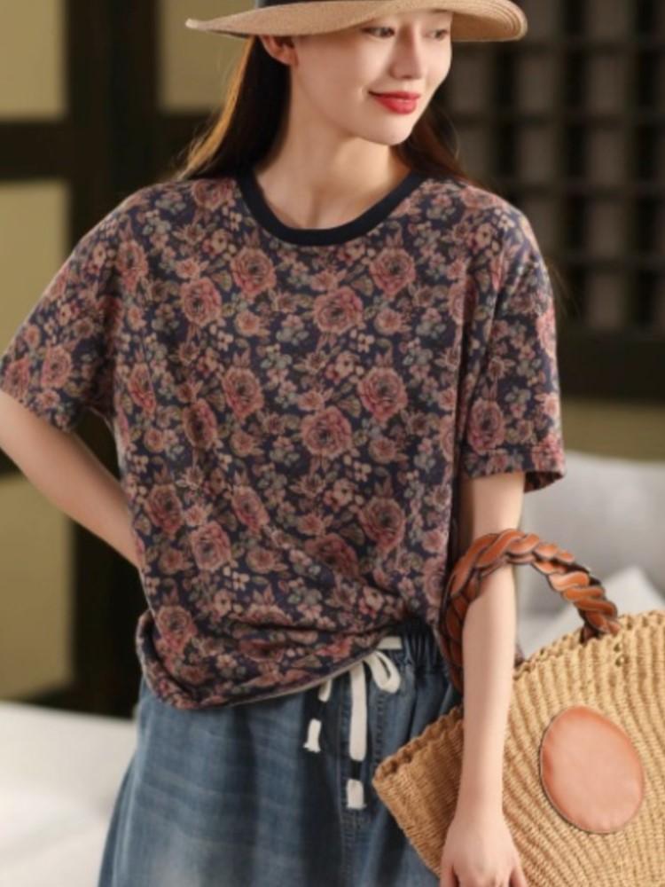 Johnature Women Print Floral T-Shirts O-Neck Short Sleeve Soft Summer Loose Casual T-Shirts