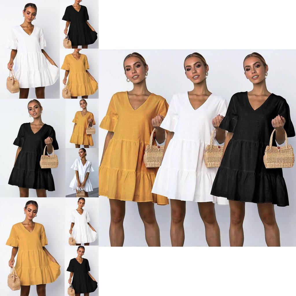 Elegant Women V-neck Plain Smock Dress With Loose Fit And Short Sleeve Design