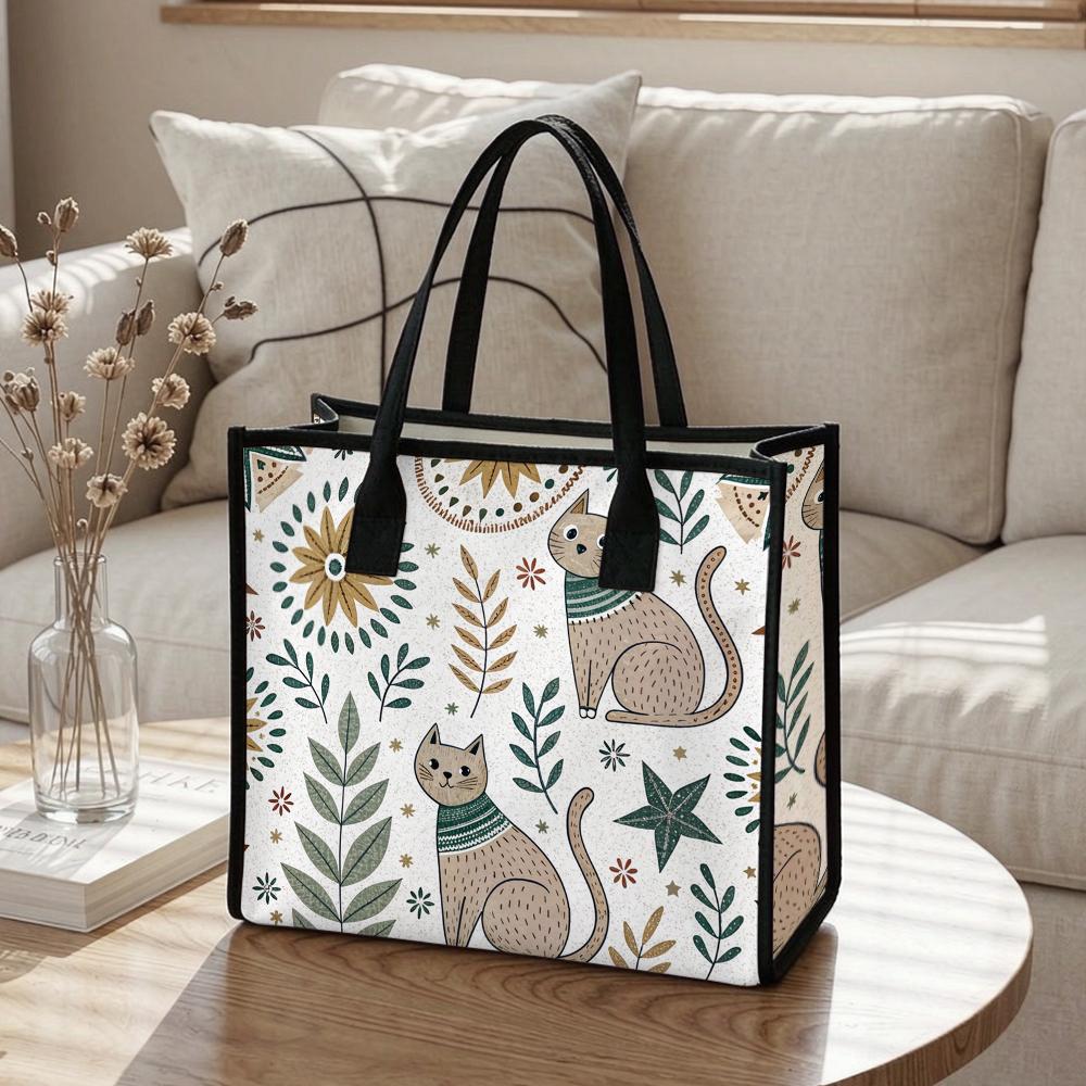Cute Cat Print Canvas Tote Bag Casual Large Capacity Daily Shopping Handbag for Women Outdoor Travel