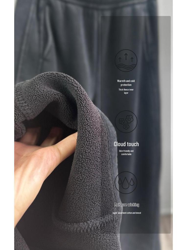 Extra Thick Black Wide-Leg Denim Women's Pants, Winter Retro Style with Plus Velvet Lining, 800g