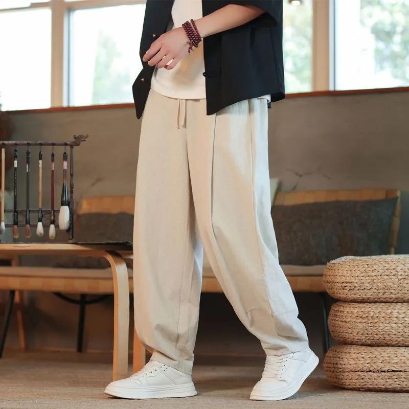 Men's Cotton Linen Harem Pants Solid Color Loose Large Jogging Sweatpants Breathable Basic Streetwear