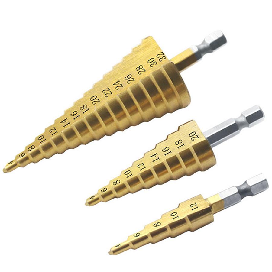 3Pcs HSS Sheet Metal Tools Drill 4-12/20/32mm Hex Titanium Step Cone Car Repair