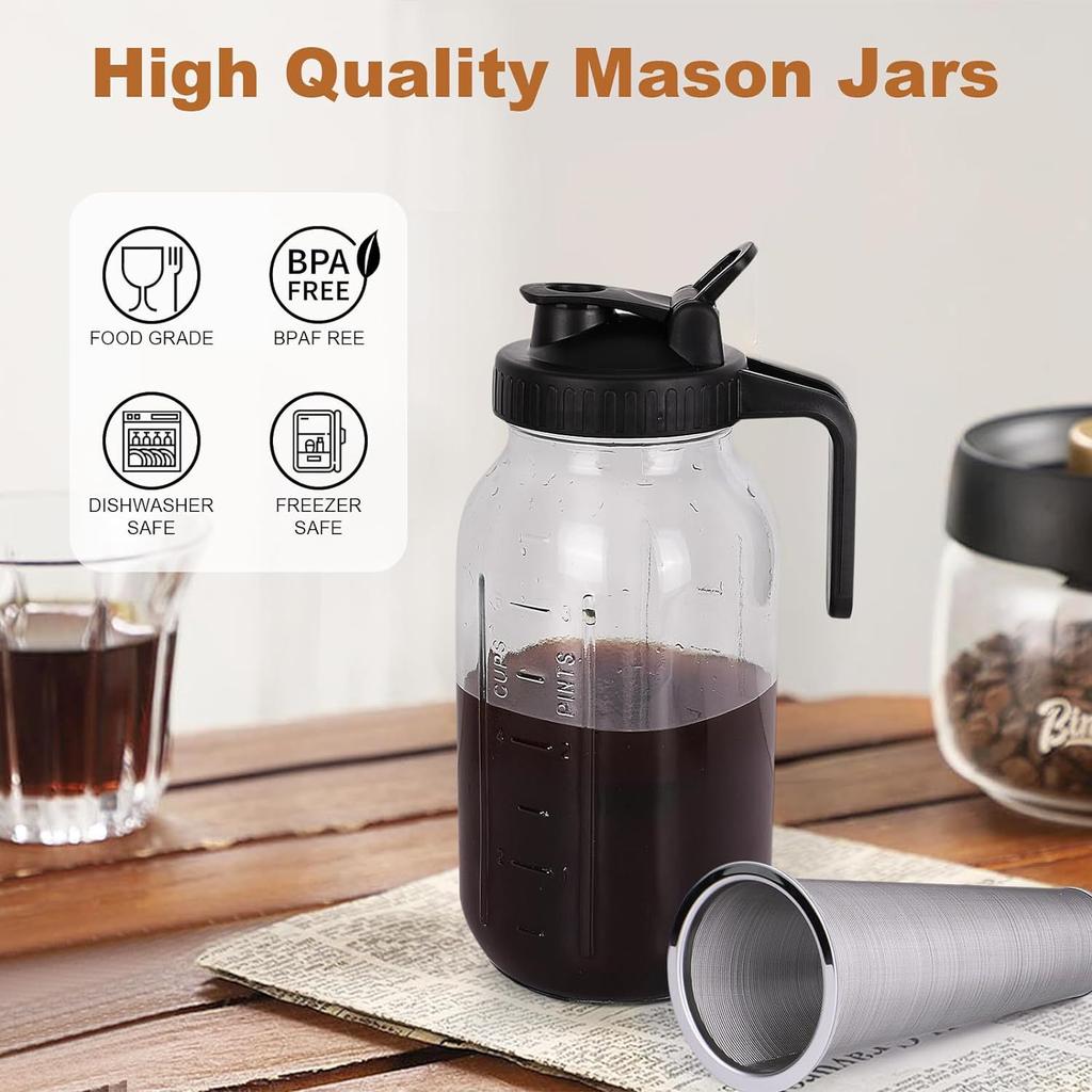 64oz,Mason Jar, Beverage Glass Bottle, Juice Bottle, with Handle, Lid, Scale, Mason Cup