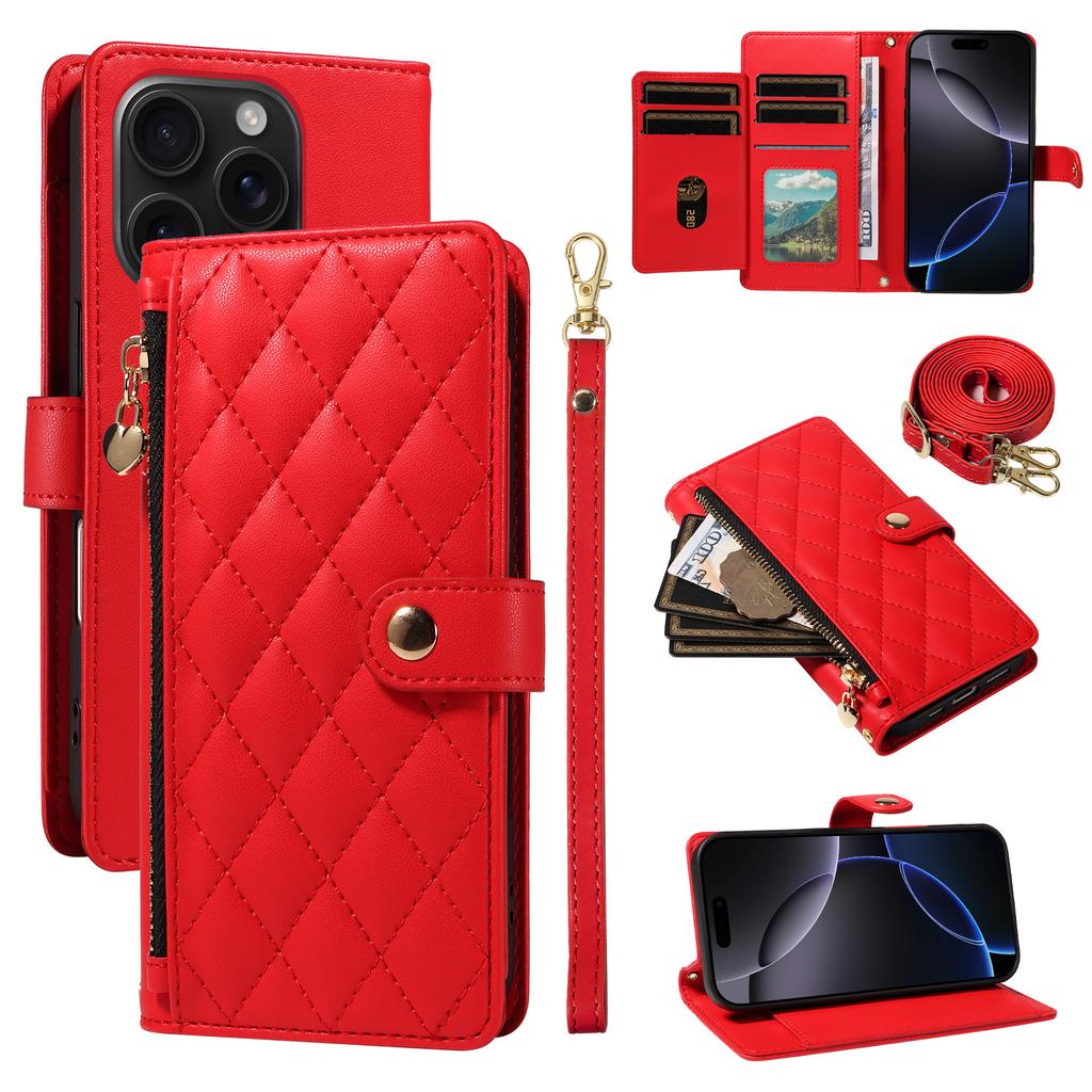 Etui Portfelowe z Paskami do iPhone 16 Pro, Skórzane Pokrowiec na Telefon z Podstawką - Wzór Rombu