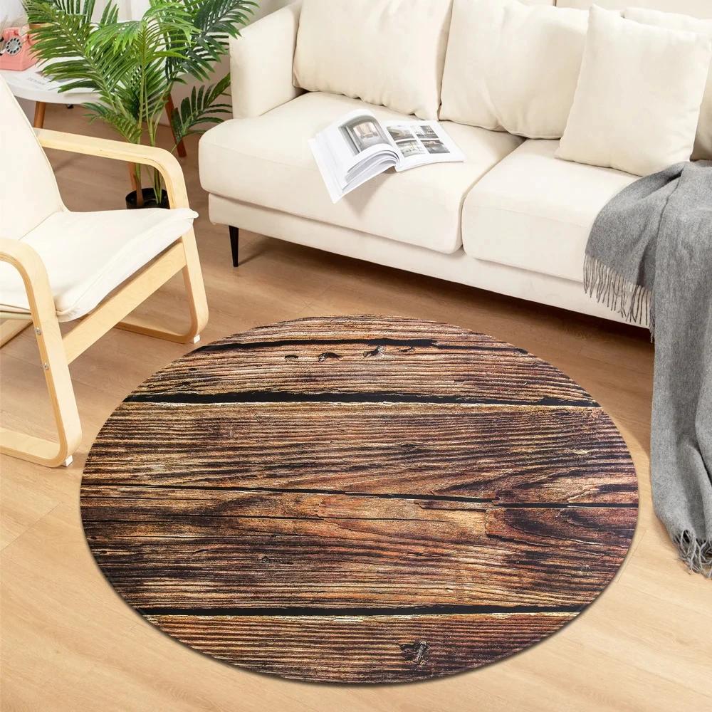 Wooden Pattern Round Area Rug, Soft Chenille Anti Slip Circle Carpet for Living Room, Bedroom, Bathroom, Home Floor Mat Decor