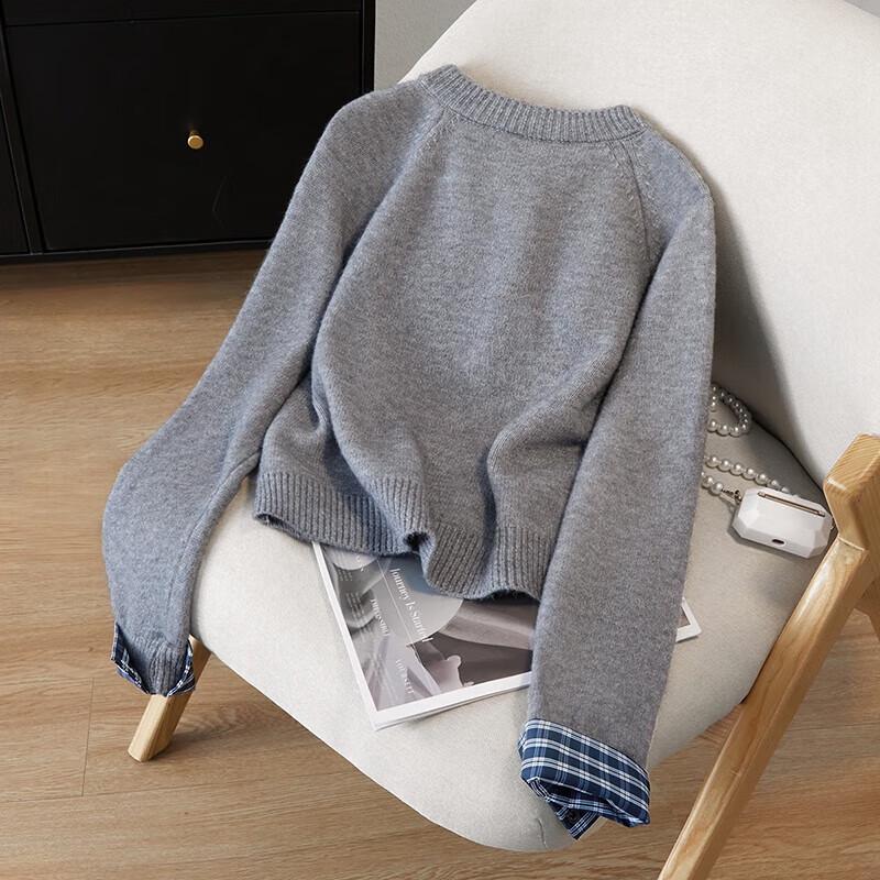 Women's Plaid Patchwork Fake Two-Piece Knit Top